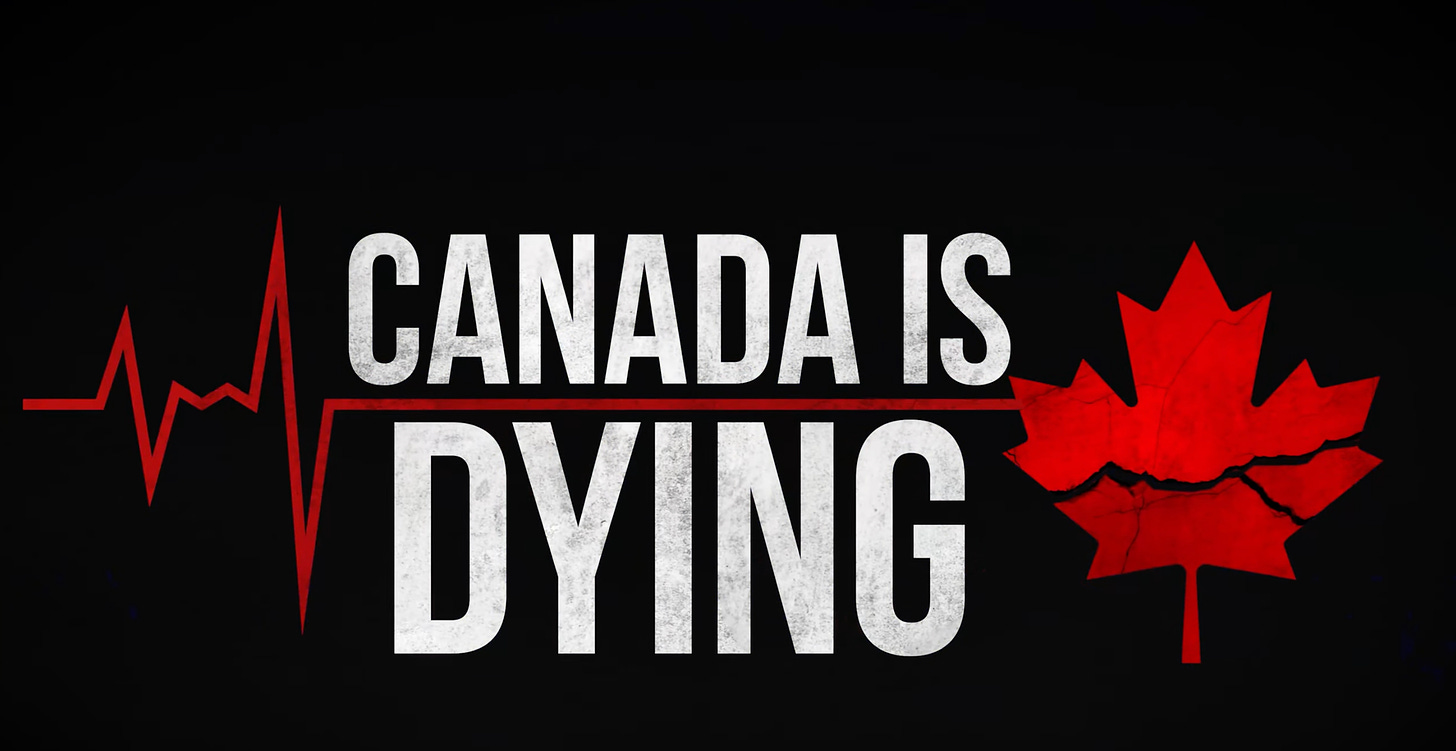 A screenshot of the title card of Canada is Dying. It's got a heart monitor thing  that flatlines between the words "Canada is" above and "Dying" below. It leads into a broken maple leaf.