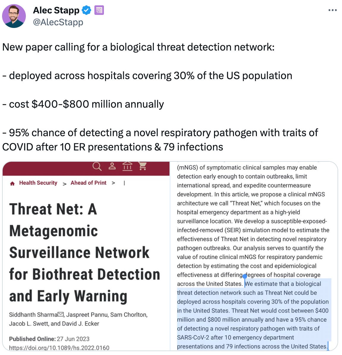  Alec Stapp  @AlecStapp New paper calling for a biological threat detection network:   - deployed across hospitals covering 30% of the US population  - cost $400-$800 million annually  - 95% chance of detecting a novel respiratory pathogen with traits of COVID after 10 ER presentations & 79 infections