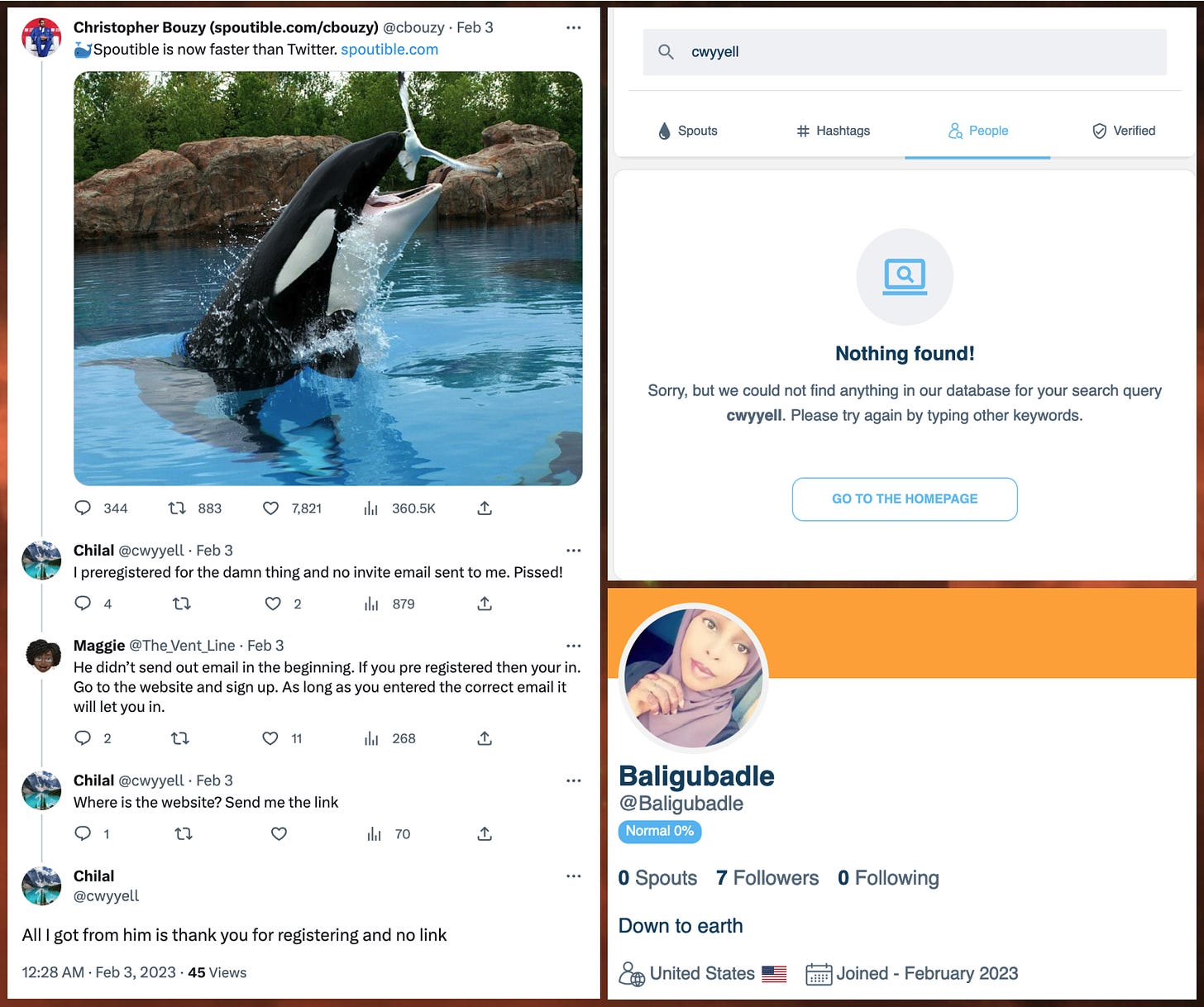 screenshots of @cwyyell tweeting about registering for a spoutible account, search showing no cwyyell account on spoutible, and screenshot of baligubadle account on spoutible