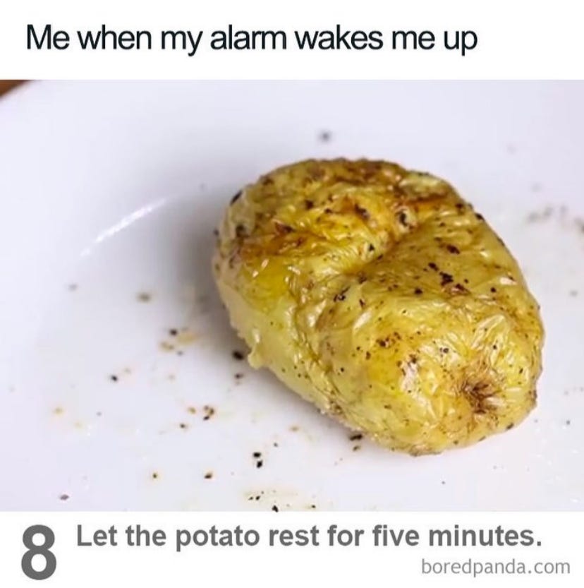 meme of a baked potato via @intersectionalenvironmentalist “Me when my alarm wakes me up: Let potato rest for 5 minutes”