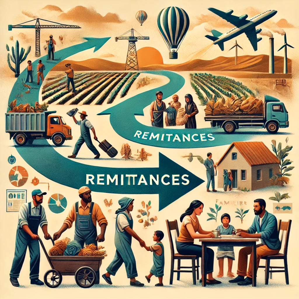 A professional and empathetic illustration representing the role of migrants in driving remittances. The image features migrants working in various industries, such as construction, farming, and healthcare, with arrows symbolizing the flow of funds from developed countries back to families in developing regions. The recipient families are depicted improving their lives with new homes, education, and infrastructure. The overall tone is warm and uplifting, using a balanced color palette of blues, greens, and neutral tones to highlight the human and economic impact of remittances.