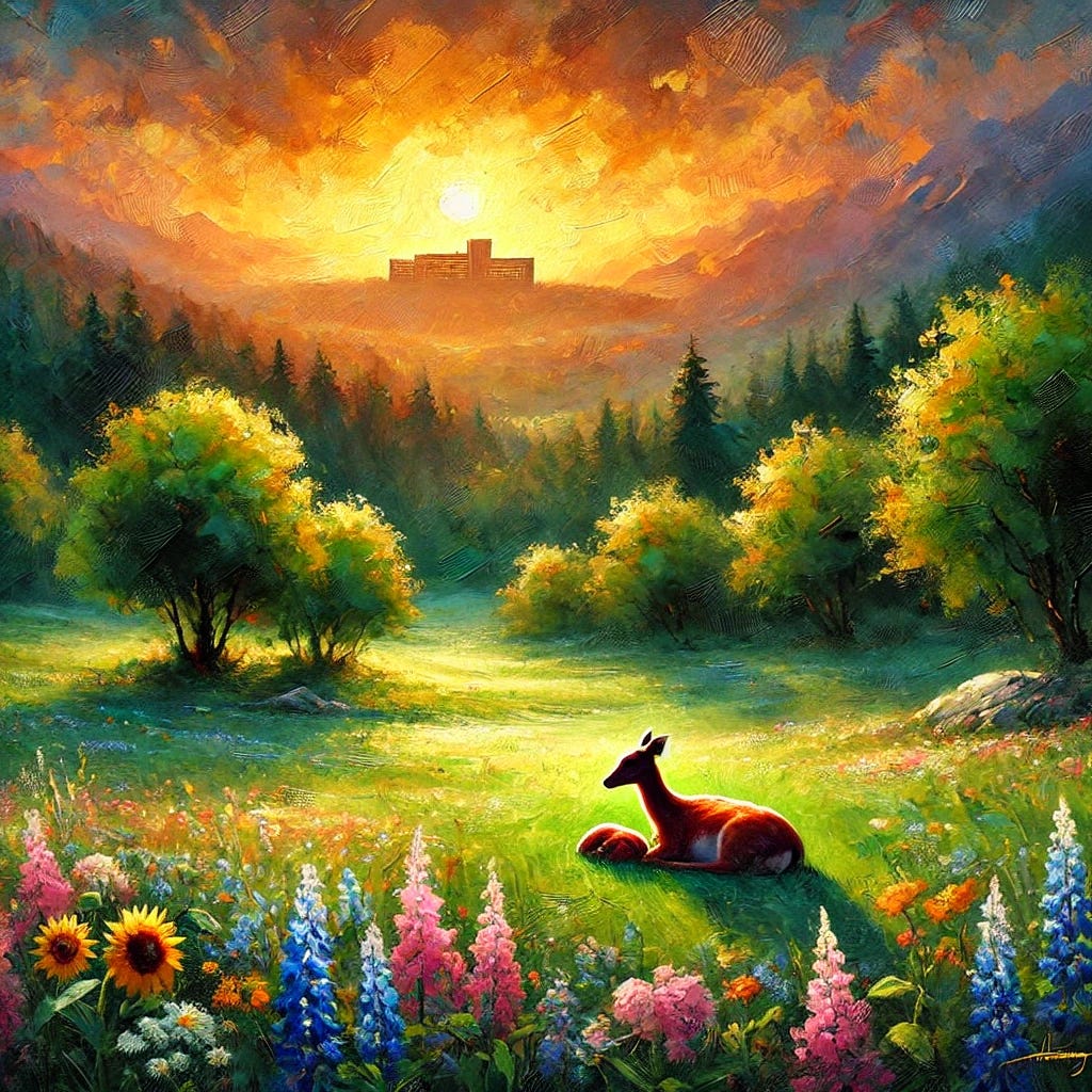 An impressionist-style oil painting of a tranquil natural landscape at sunrise, symbolizing natural childbirth and harmony with nature. A serene mother deer is resting in a lush meadow filled with vibrant wildflowers. The soft rolling hills are illuminated by the golden glow of the morning sun. In the distant background, there is a subtle, abstract silhouette of a hospital with geometric shapes, blending into the horizon to represent the contrast between natural and medicalized childbirth. The painting uses expressive brushstrokes and rich, bold colors to evoke a sense of warmth, vitality, and life.