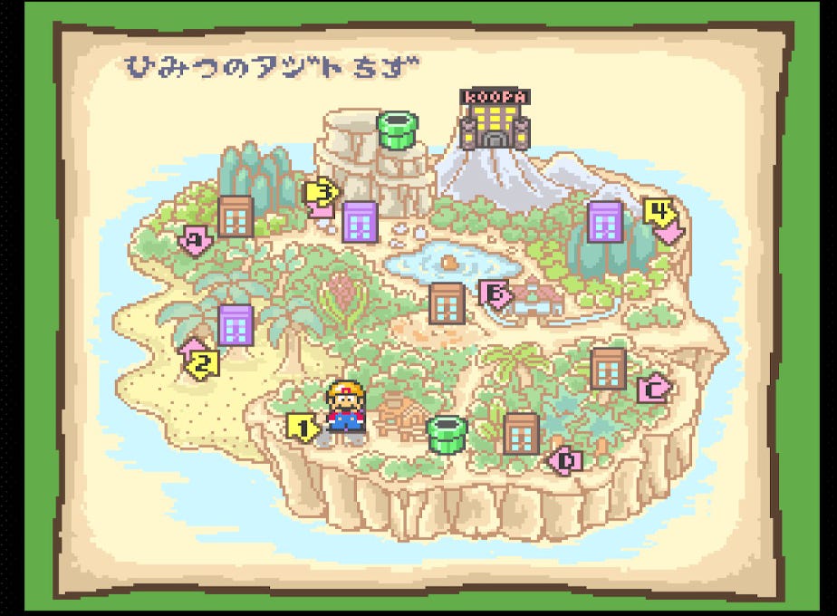 A screenshot of the level-select screen from Wrecking Crew '98. It shows the first few numbered levels, plus other paths marked with letters, and eventually, Bowser's castle, with its giant KOOPA sign. The whole map is of an island.