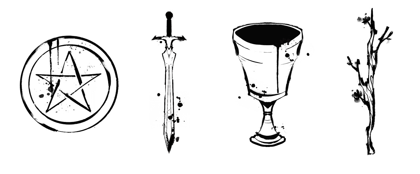 The four suits of the minor arcana, illustrated by Victor Winter. In order they are a pentacle, sword, cup, and wand. All of them are draw in an inky style and appear to have ink blots and be dripping ink.