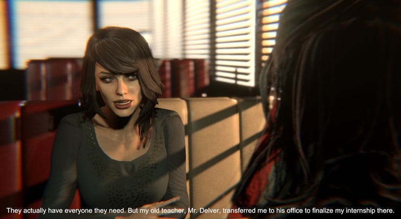 A screenshot of Rebecca, a young woman with dark hair and wearing a black top, seated at a booth in a diner. She's saying: "They actually have everyone they need. But my old teacher, Mr. Delver, transferred me to his office to finalize my internship there."