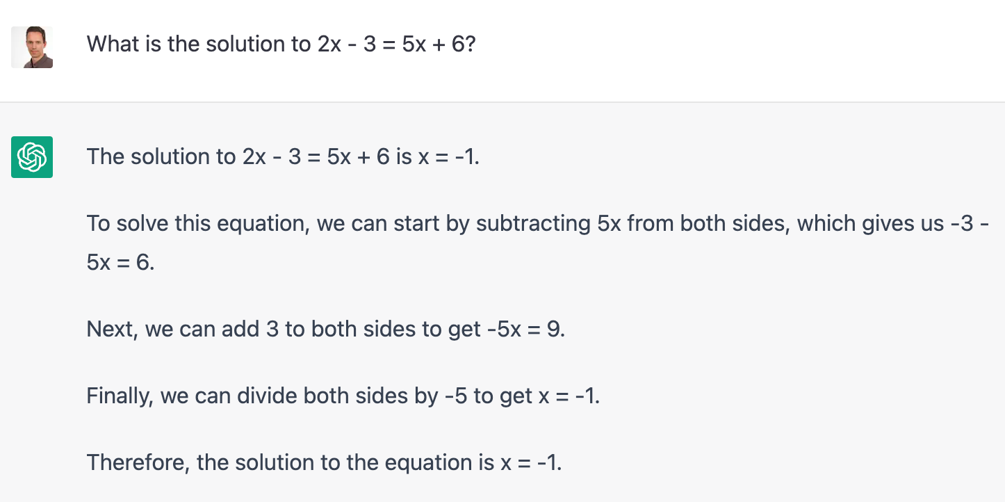 The solution to 2x - 3 = 5x + 6 is x = -1. [No it isn’t. -dm] To solve this equation, we can start by subtracting 5x from both sides, which gives us -3 - 5x = 6. Next, we can add 3 to both sides to get -5x = 9. Finally, we can divide both sides by -5 to get x = -1. Therefore, the solution to the equation is x = -1.