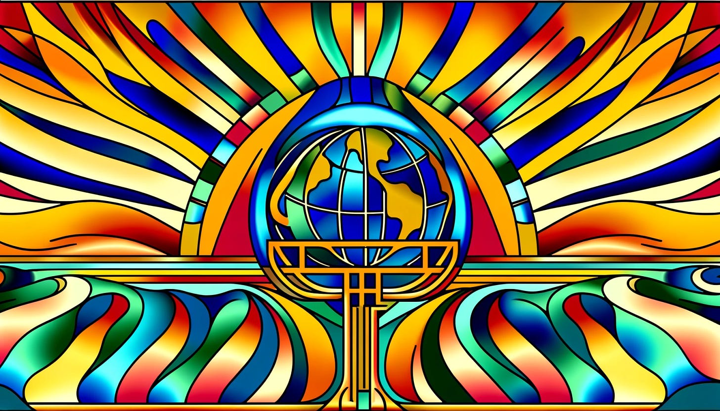 A psychedelic inspired Art Deco illustration for an article thumbnail. The image depicts an international ocean tribunal with abstract, vibrant colors and patterns. The tribunal is set against a backdrop of swirling ocean waves and geometric sun rays, representing climate change and marine protection. The foreground features a stylized globe with interconnected lines symbolizing international cooperation. The overall design combines the elegance of Art Deco with the vibrant, surreal elements of psychedelic art.