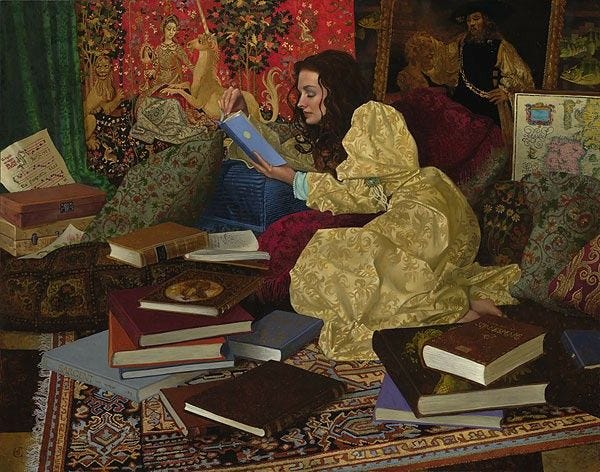 This may contain: a painting of a woman sitting on a couch surrounded by books