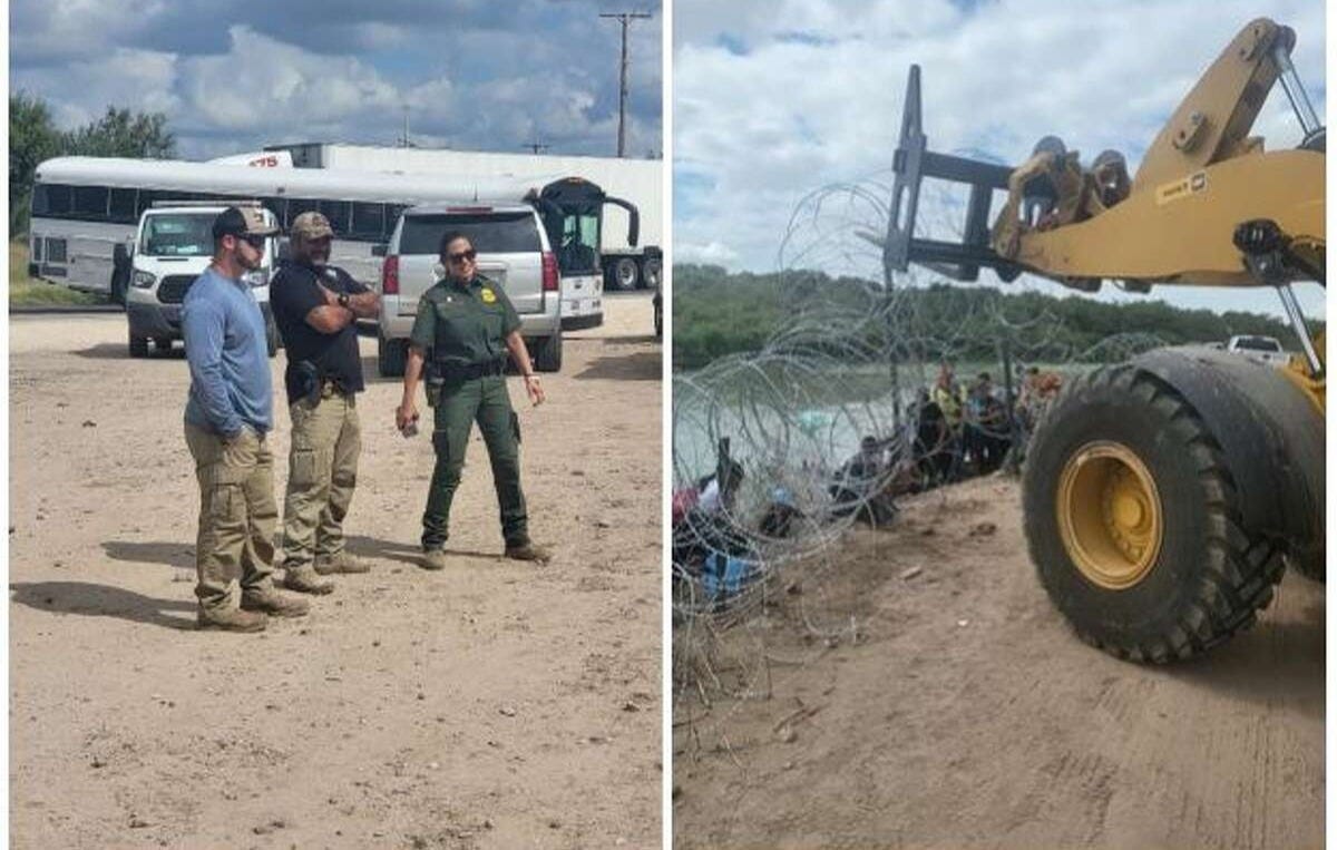 Federal officials look on as heavy equipment removes razor wire installed by Texas on Rio Grande riverbank.