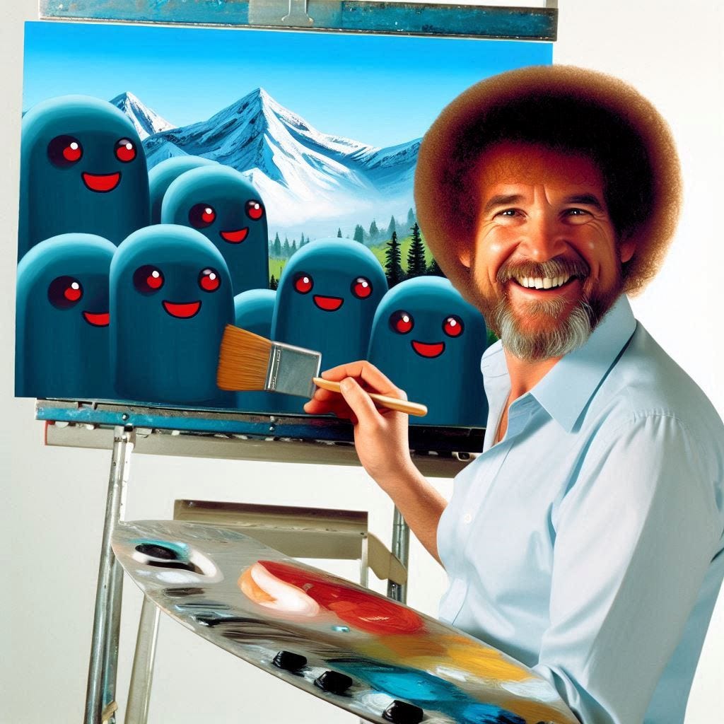 An AI-generated image of Bob Ross smiling towards the viewer with a paintbrush and palette in hand.  He's painting a delightful nature scene with a number of red-eyed ominous blobs dominating the foreground.