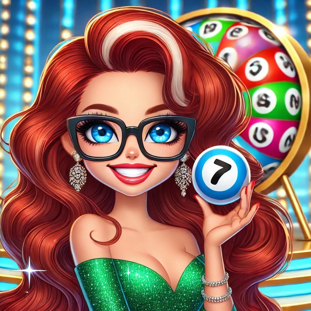 Image of cartoon me, long wavy red hair with a white streak and thick black rimmed glasses, pulling out the lucky number 7 in the lottery draw