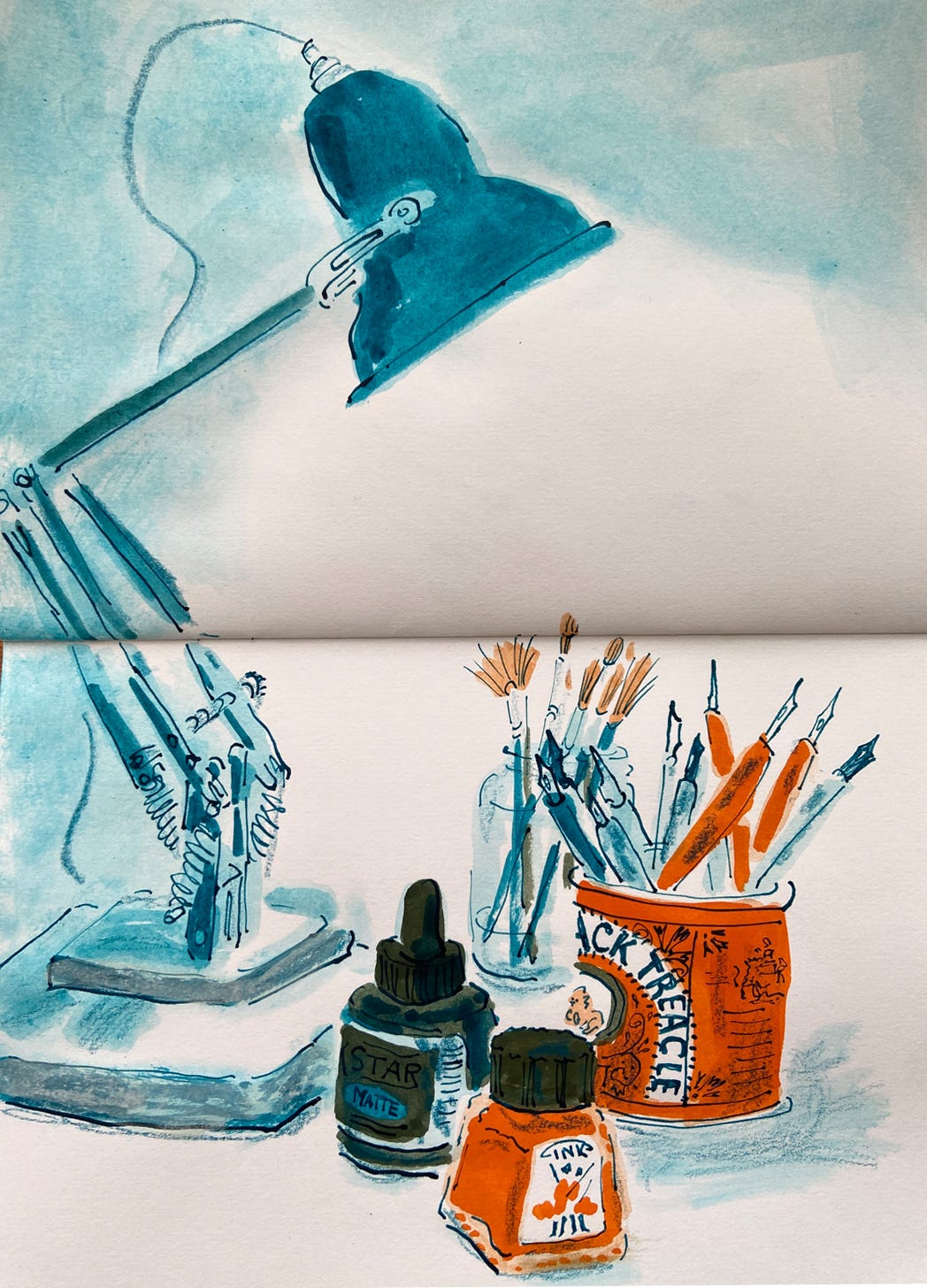 angle poise lamp shining light on to jars of artist paintbrushes and dip pens next to two bottles of ink. Illustrated in a loose expressive style by Nanette Regan