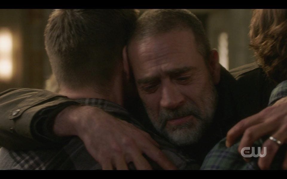 jeffrey dean morgan john hugs sam dean winchester spn 1413 sad tears