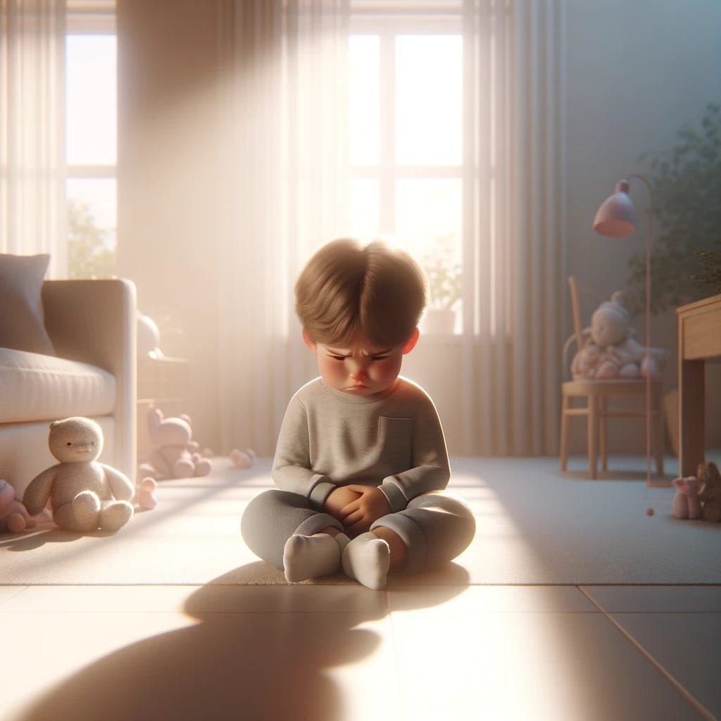A gently rendered scene of a child experiencing a light tantrum, captured in a less intense, more subtle manner. The child is sitting on the ground in a sunlit room, with a slight frown and a pout, showing mild frustration. Their posture is relaxed rather than tense, and they are surrounded by soft, comforting toys. The environment is calm and soothing, with light pastel colors and gentle lighting that fills the room with a warm glow. This image captures the moment of a mild tantrum in a way that emphasizes understanding and comfort, showcasing the child's emotion without overwhelming intensity, offering a serene take on a common childhood experience.