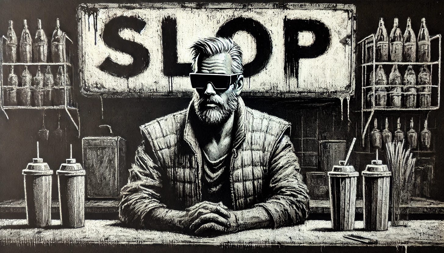 A charcoal drawing of a hip, futuristic middle-aged man with a full beard and sunglasses running a restaurant called 'SLOP'. The restaurant has a gritty, minimalist aesthetic, with stark contrasts and rough textures, resembling an urban, industrial setting. The man, drawn in dark, bold lines, stands behind the counter with a calm and cool demeanor. The restaurant sign 'SLOP' is sketched in rough, handwritten style above the counter. The overall atmosphere is raw and edgy, with the charcoal technique emphasizing shadows and giving the scene a moody, artistic feel.