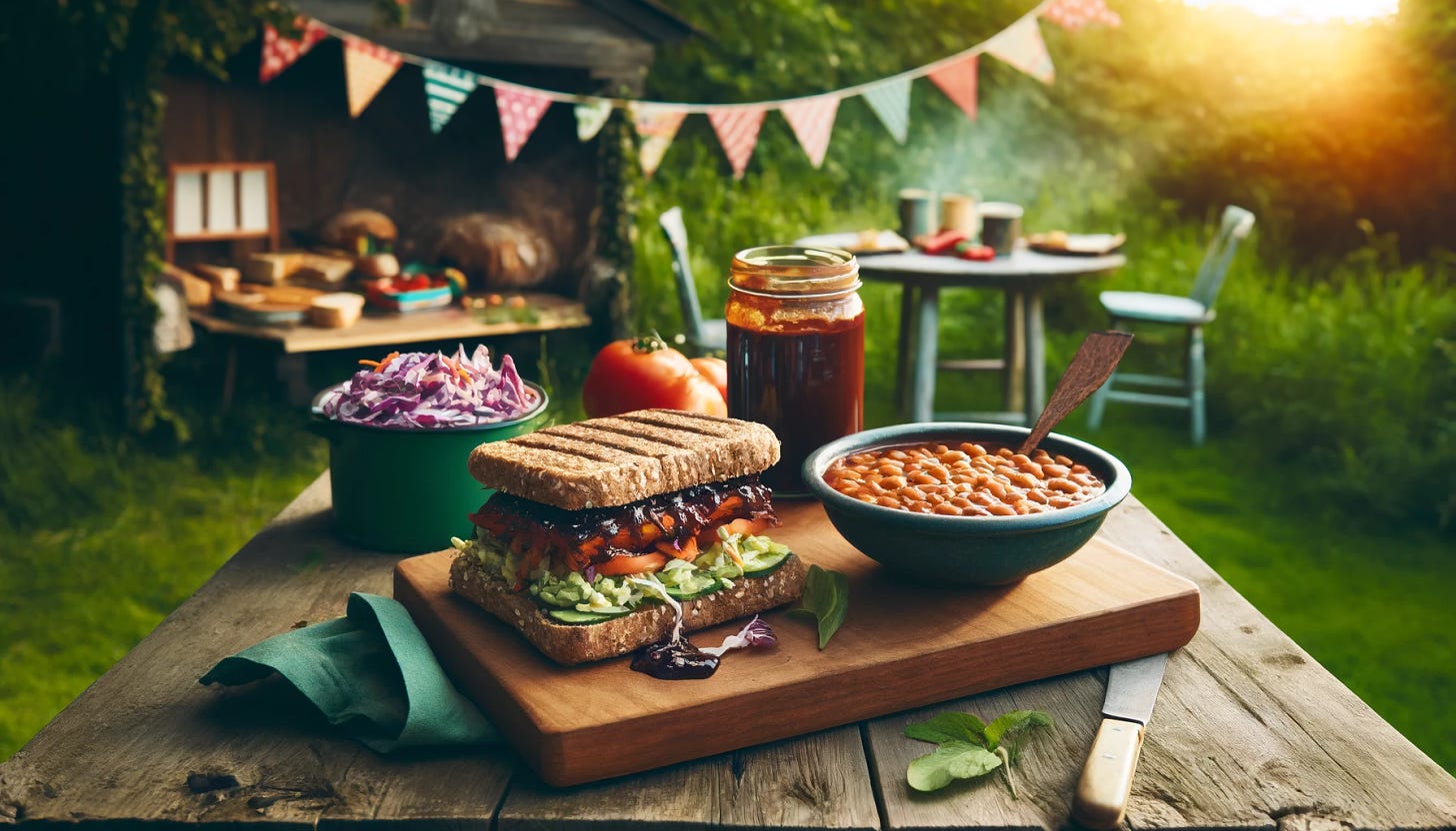 A vibrant and colorful landscape image for a plant-based BBQ party theme. The scene includes a rustic wooden table set outdoors. On the table are a BBQ soy curl sandwich on whole grain bread, topped only with slaw, a bowl of crisp coleslaw, a pot of hearty baked beans, and a bowl of rich, dark chocolate tofu pudding. The background is green and leafy with festive decorations like bunting flags. The setting is casual and inviting, perfect for a summer gathering.