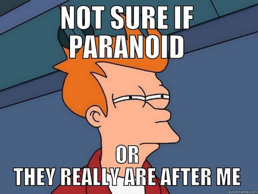 Meme of Fry from Futurama squinting while thinking. Caption reads: Not sure if paranoid or if they really are after me.