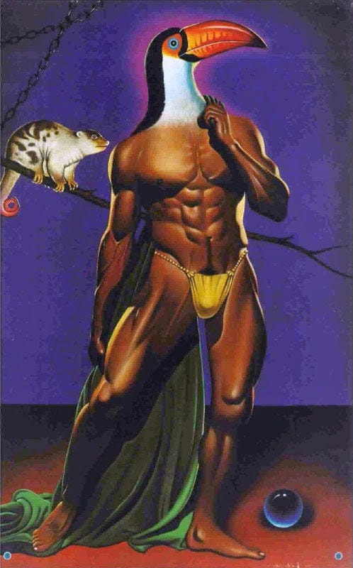 A muscular black man with a toucan head is standing against a dark purple background. There is a marsupial on a branch to his left. He is wearing a yellow thong, and you can see a green cape behind him. On the bottom right, there is a blue orb on the red floor. There are 2 chains in the upper left corner. A muscular black man with a toucan head is standing against a dark purple background. There is a marsupial on a branch to his left. He is wearing a yellow thong, and you can see a green cape behind him. On the bottom right, there is a blue orb on the red floor. There are 2 chains in the upper left corner.