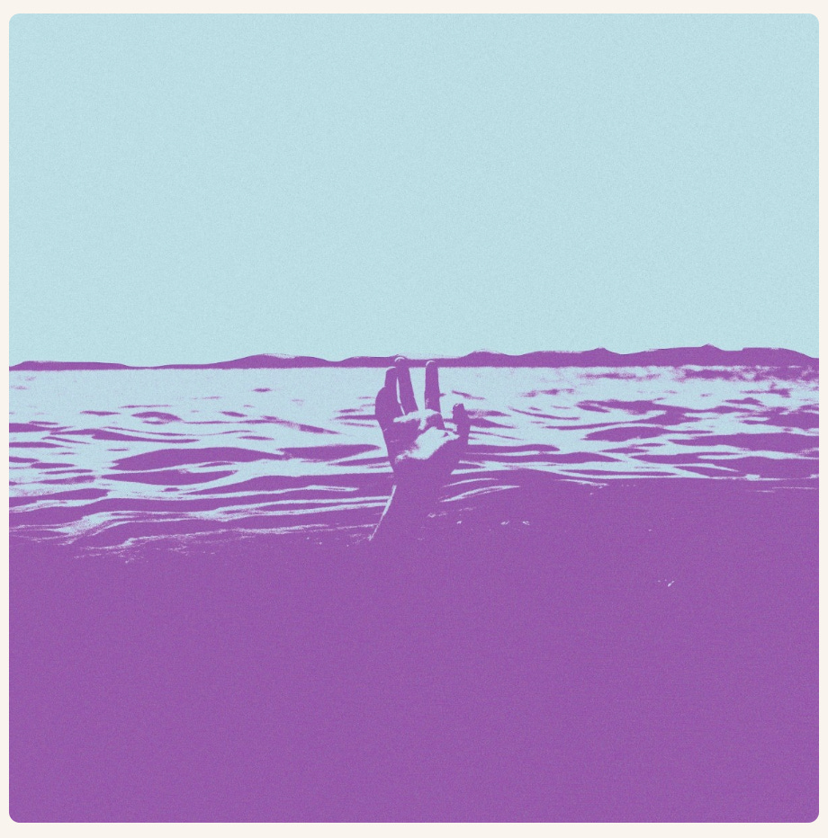 a blue and purple graphic of a hand sticking up out of a body of water, the person otherwise entirely submerged.