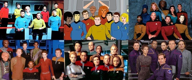 This collage shows portraits of the primary casts of the first six Star Trek television series. Top Row, left to right: the crew of the U.S.S. Enterprise (NCC-1701) from Star Trek (1966-1969), the same crew from The Animated Series (1973-1974), and the crew of the U.S.S. Enterprise-D from Star Trek: The Next Generation (1987-1994). Bottom Row, left to right: the crew of the titular space station from Star Trek: Deep Space Nine (1993-1999), the crew of the U.S.S. Voyager from Star Trek: Voyager (1995-2001), and the crew of the NX-01 Enterprise from Star Trek: Enterprise (2001-2005). This collage shows portraits of the primary casts of the first six Star Trek television series. Top Row, left to right: the crew of the U.S.S. Enterprise (NCC-1701) from Star Trek (1966-1969), the same crew from The Animated Series (1973-1974), and the crew of the U.S.S. Enterprise-D from Star Trek: The Next Generation (1987-1994). Bottom Row, left to right: the crew of the titular space station from Star Trek: Deep Space Nine (1993-1999), the crew of the U.S.S. Voyager from Star Trek: Voyager (1995-2001), and the crew of the NX-01 Enterprise from Star Trek: Enterprise (2001-2005).