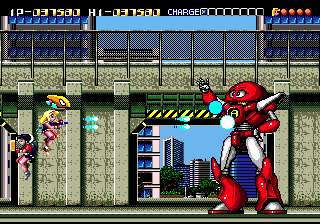 A screenshot from the first boss fight of the game, against the red robot that laughs at you and looks like he belongs in a different manga universe than the one the Trouble Shooters might have come from.