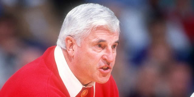Head coach Bobby Knight of the Indiana Hoosiers argues a call during an NCAA Tournament game against the Oklahoma Sooners on March 12, 1998.
