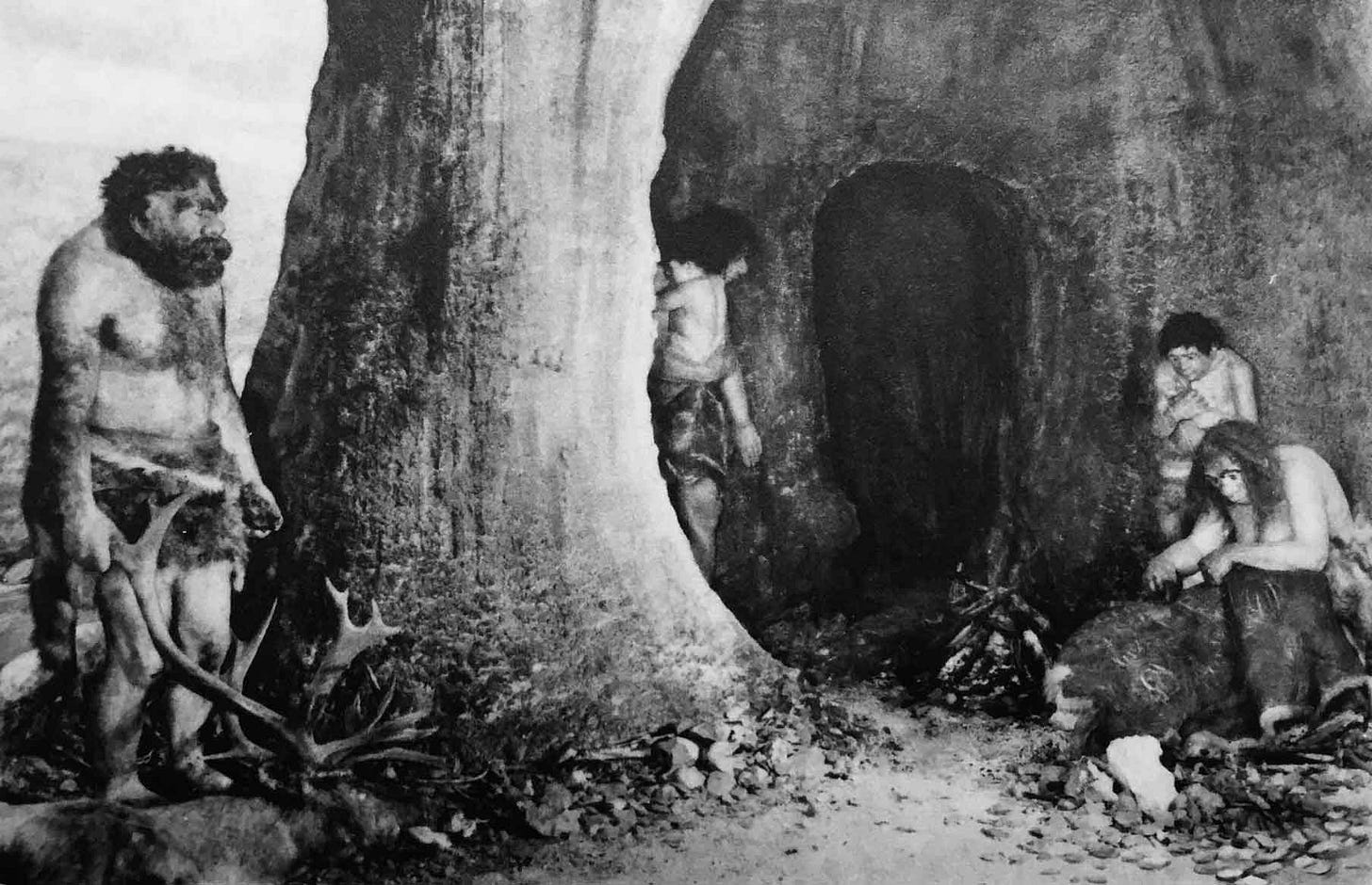 A Neandertal man holding an antler next to a cave with women and children huddling inside the entrance A Neandertal man holding an antler next to a cave with women and children huddling inside the entrance