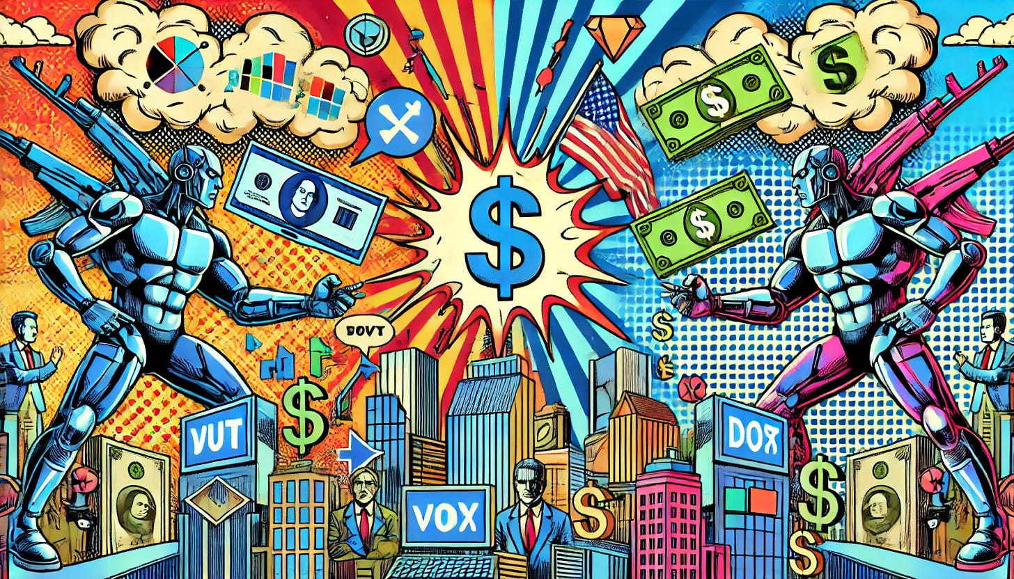 A vibrant pop-art style illustration depicting a technological war versus financial drama. The image features futuristic technology elements clashing with traditional financial symbols like dollar signs, all depicted in a dynamic, colorful comic style. Include bold colors and exaggerated expressions typical of pop-art, set in a bustling cityscape with digital elements and traditional architecture. The format should be a horizontal rectangle, 1920x1080 pixels.