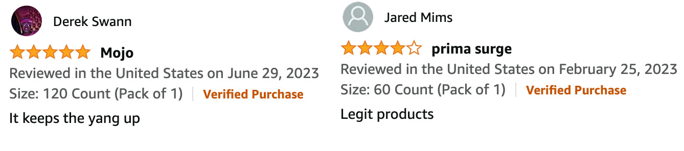 A 5 star review from Derek Swann that says "it keeps the yang up" and a 4 star review from Jared Mims that says "Legit products"