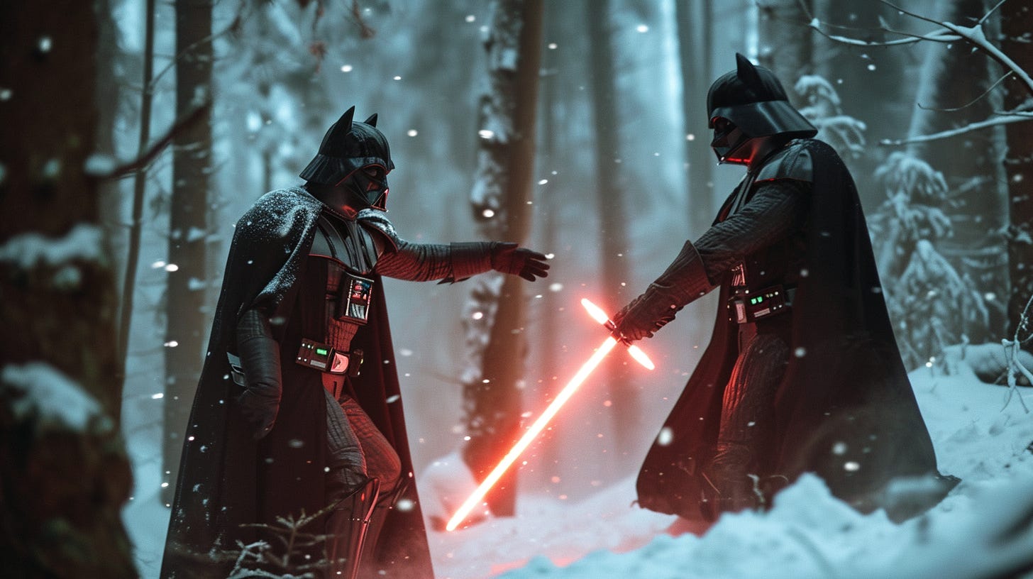Darth Vader fighting Batman in a snowy forest but both have a fusion of Batman's mask and Darth Vader's mask on
