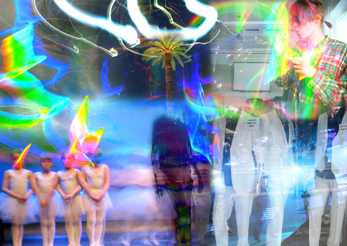 Digital collage consisting of photographs: ballerina dancers standing in a row, mannequins displaying male clothing, a palm tree at night, lit up from below, and light flares in white and in the colors of the rainbow.