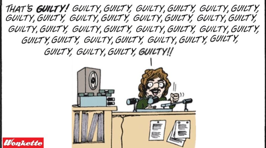 Photoshop of Doonesbury strip from May 29,1973, with Mark Slackmeyer saying 'He's guilty! Guilty, guilty, guilty!!' — but with 'guilty' repeated 34 times  