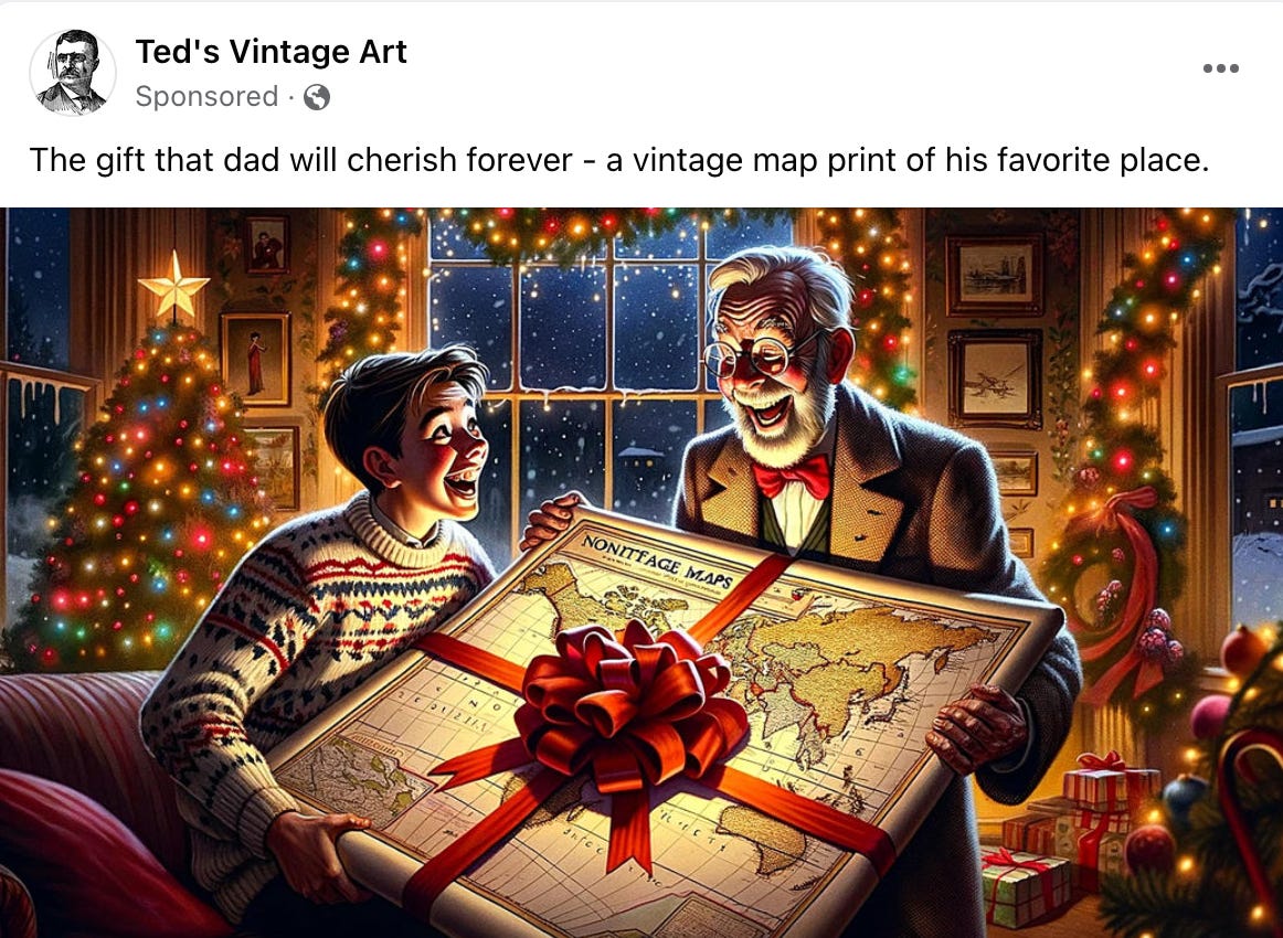 An ad for "the gift that dad will cherish forever: a vintage map of his favorite places." Illustration is of an extremely happy father opening a wrapped map of the entire world