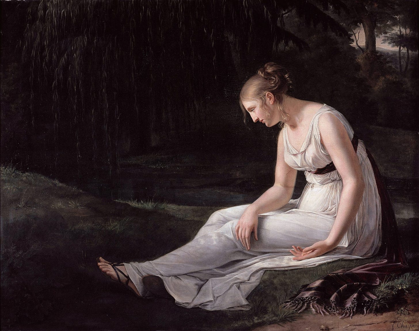 A painting of a dejected young woman sitting on the ground.