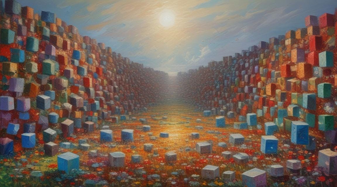 AI generated image of stack cubes of solidified waste interred into a large swath of ground 