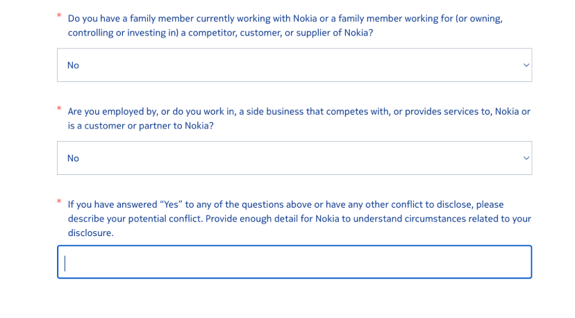 Mandatory form field: "if you have answered yes to any of the questions above, please describe your potential conflict"