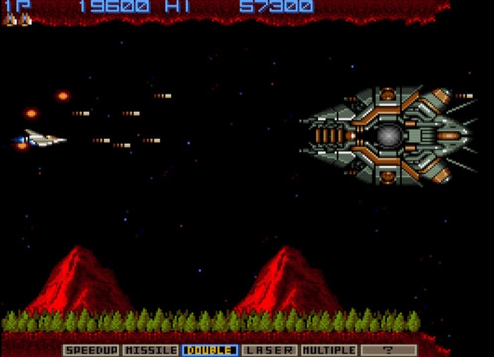 A screenshot from the arcade version of Nemesis (the North American version of Gradius), which shows the aforementioned power-up grid. Speedup, Missile, Double, Laser, Multiple, and ? are the six boxes of the grid.