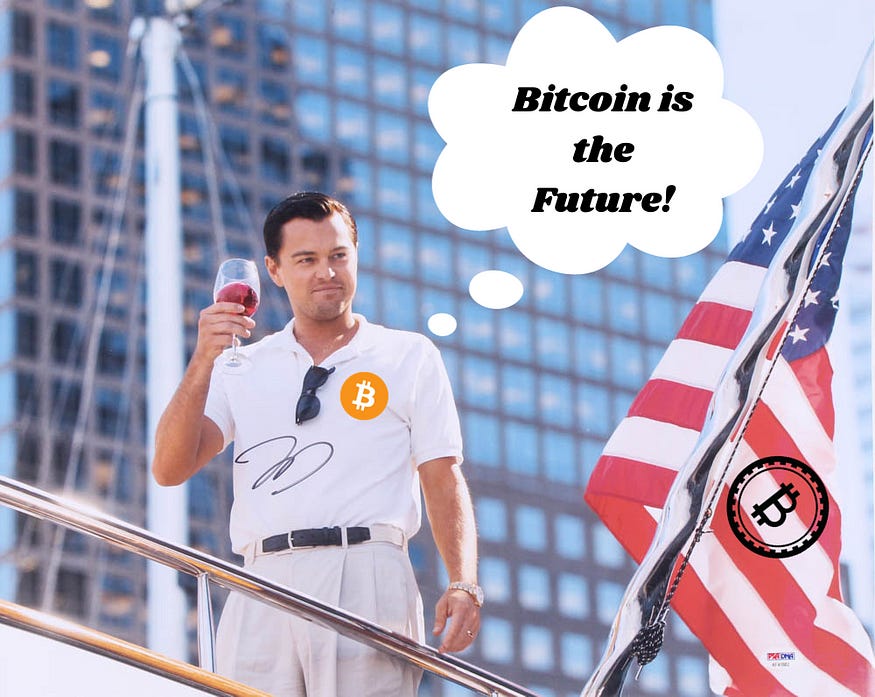 Leonardo DiCaprio is in the picture holding a glass of red wine and thinking about how Bitcoin is the future and there is an American flag with a Bitcoin sign