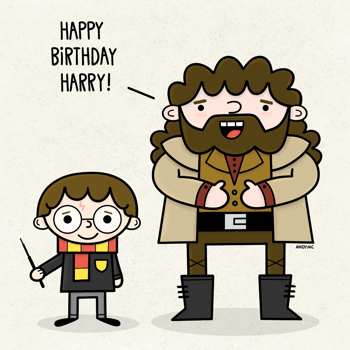 An illustration of Harry and Hagrid from the Harry Potter movies