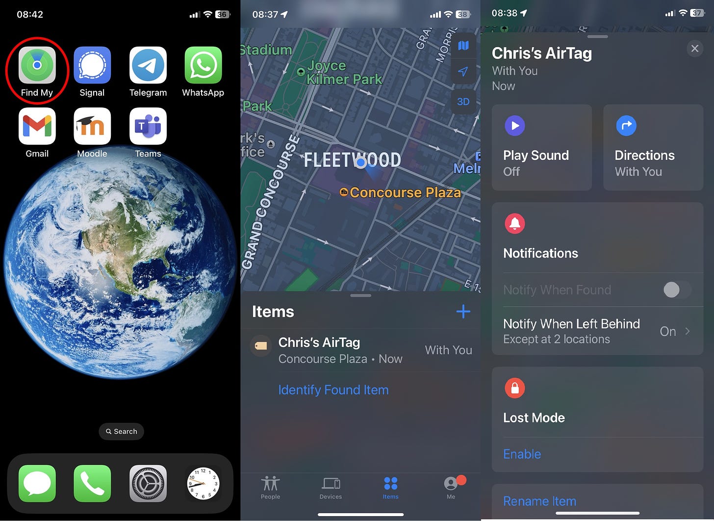 Multiple screenshots displaying the Find My app map and options screens.