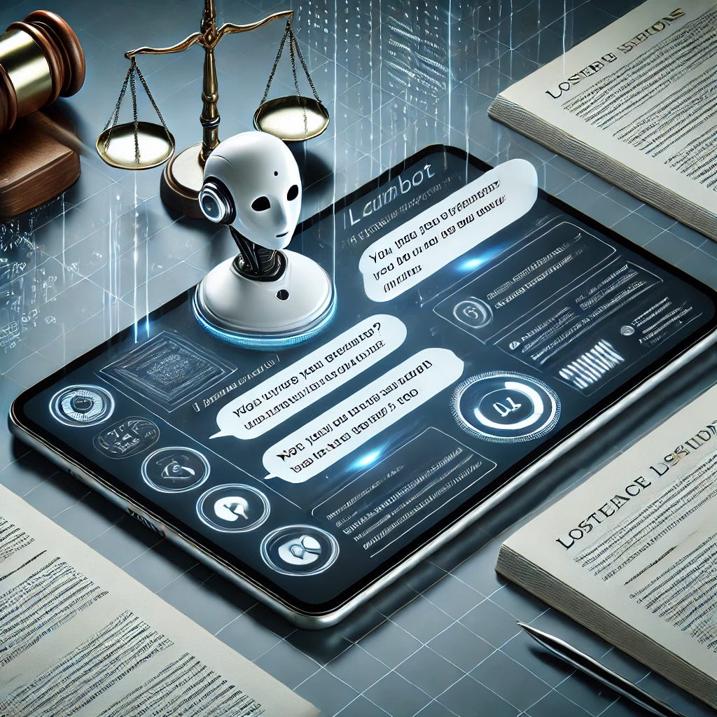 A visually engaging illustration depicting a futuristic yet professional chatbot interface used for legal consultations. The chatbot is shown on a sleek tablet screen with a clean, minimalistic design. It features a chat window where questions about legal topics are typed, and responses are displayed with citations. Around the tablet, scattered documents and legal symbols like scales of justice and gavel are visible, creating a connection to the legal field. The setting has a modern and professional atmosphere, hinting at technology transforming traditional industries.