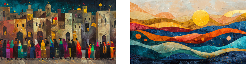 The left side of the image depicts a stylized, colorful painting of a row of people in traditional attire standing in front of a cityscape with tall buildings and domes, set against a night sky. The right side showcases an abstract landscape painting with rolling hills and a vibrant sky featuring a large sun, with bold, flowing lines and vivid colors.