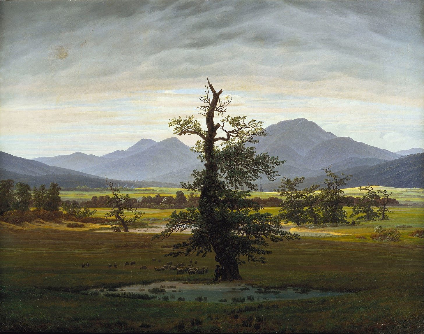 Painting of a natural landscape, with one lonely tree at its center and other trees, as well as a pond and a mountain range, visible in the distance