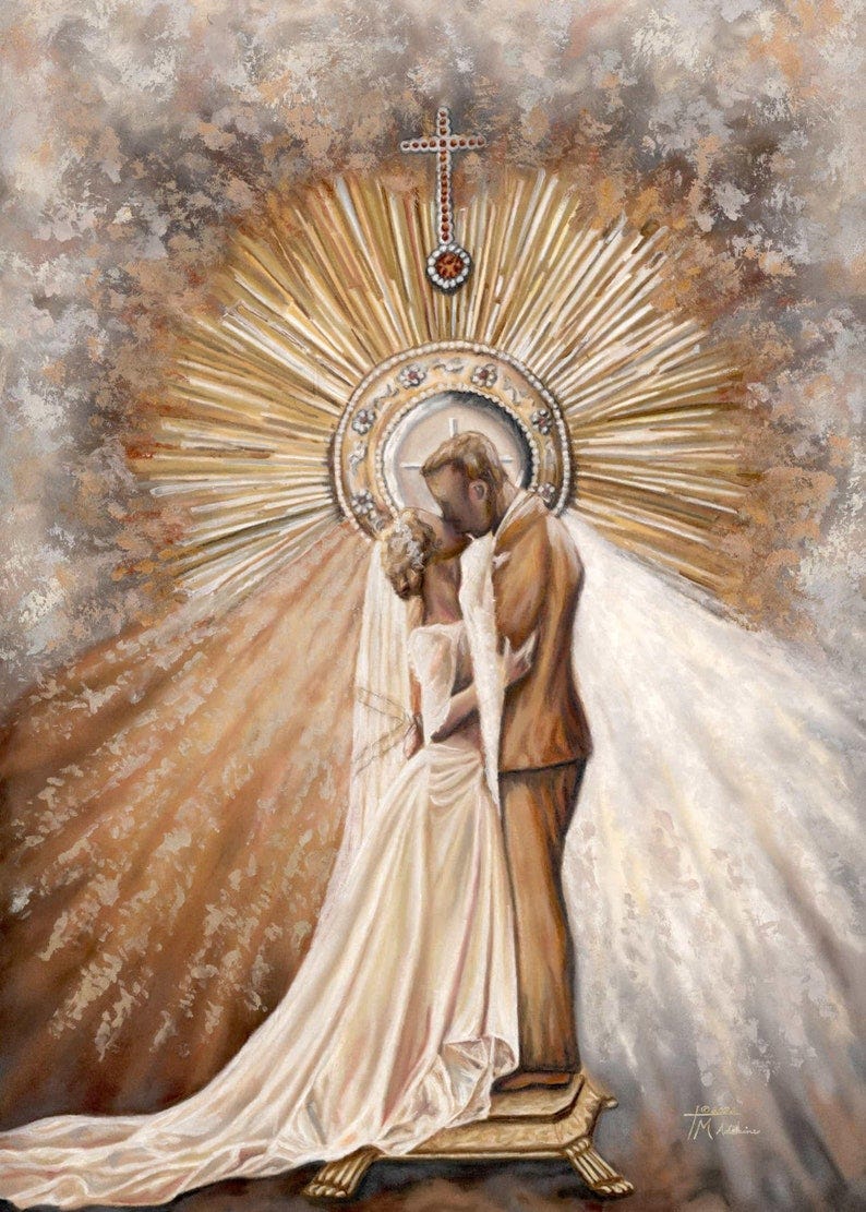 Beautiful Catholic Wedding Giclee Fine Art Print. Bride & Groom with Divine Mercy Rays and the Eucharist. Titled, As I Have Loved You. image 1