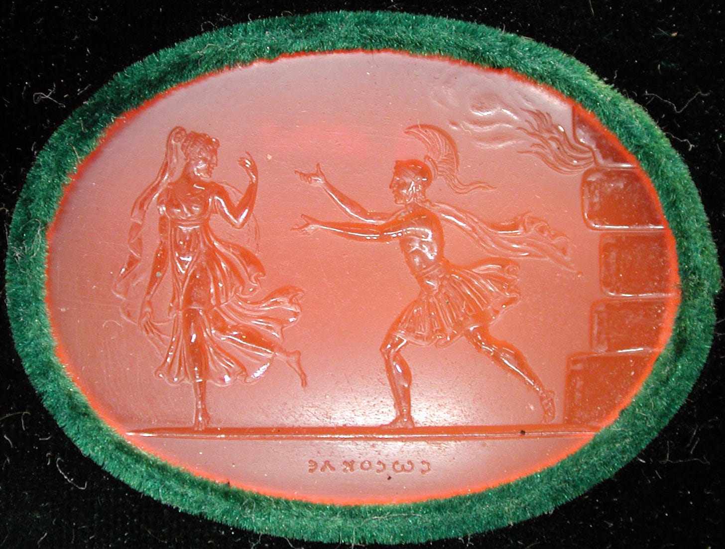 (Fake) intaglio of the ghost of Creusa disappearing from Aeneas near the burning wall of Troy