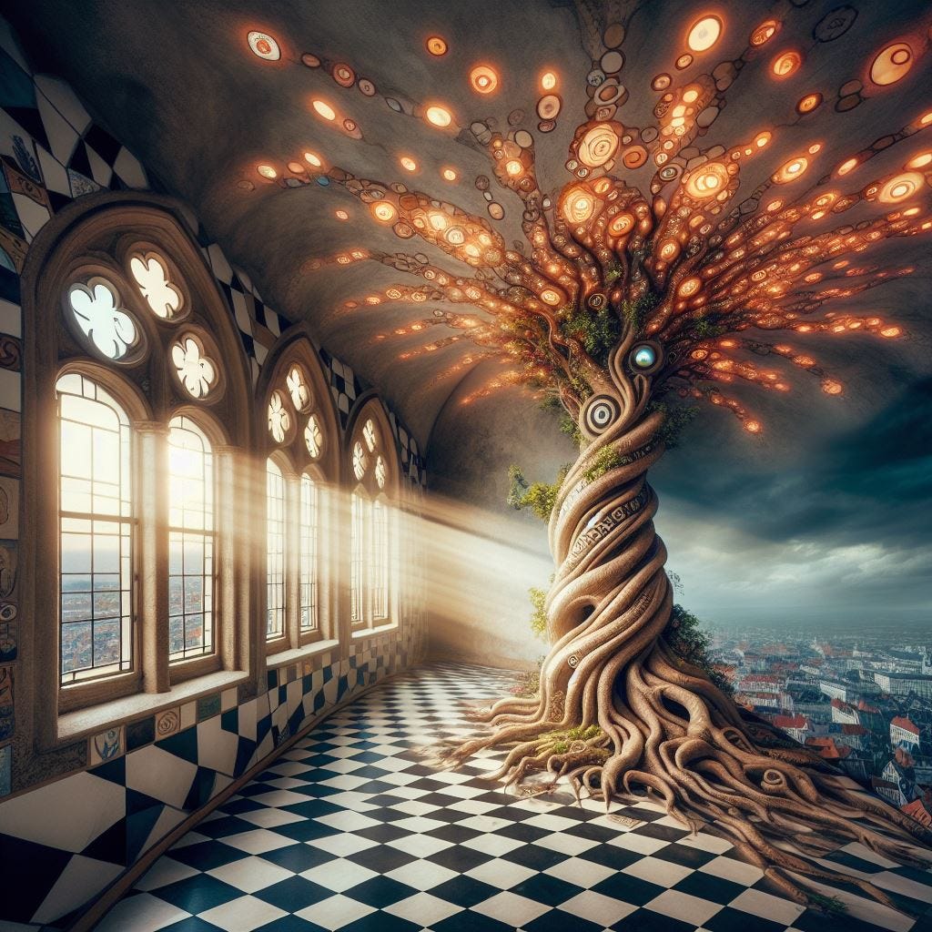 Hyper-realistic; tilt shift; mother earth tree with merging Quatrefoil on wall: mother earth tree with tan Gothic Tracery: coral glowing decorative tiles.Rezvani  Tactical Urban Vehicle merges into the Hundertwasserhaus, Vienna, Austria:mother earth tree.  a  tornado of black and white checkered floor. moonbeams shining through. vast distance. Tilt-shift. ethereal