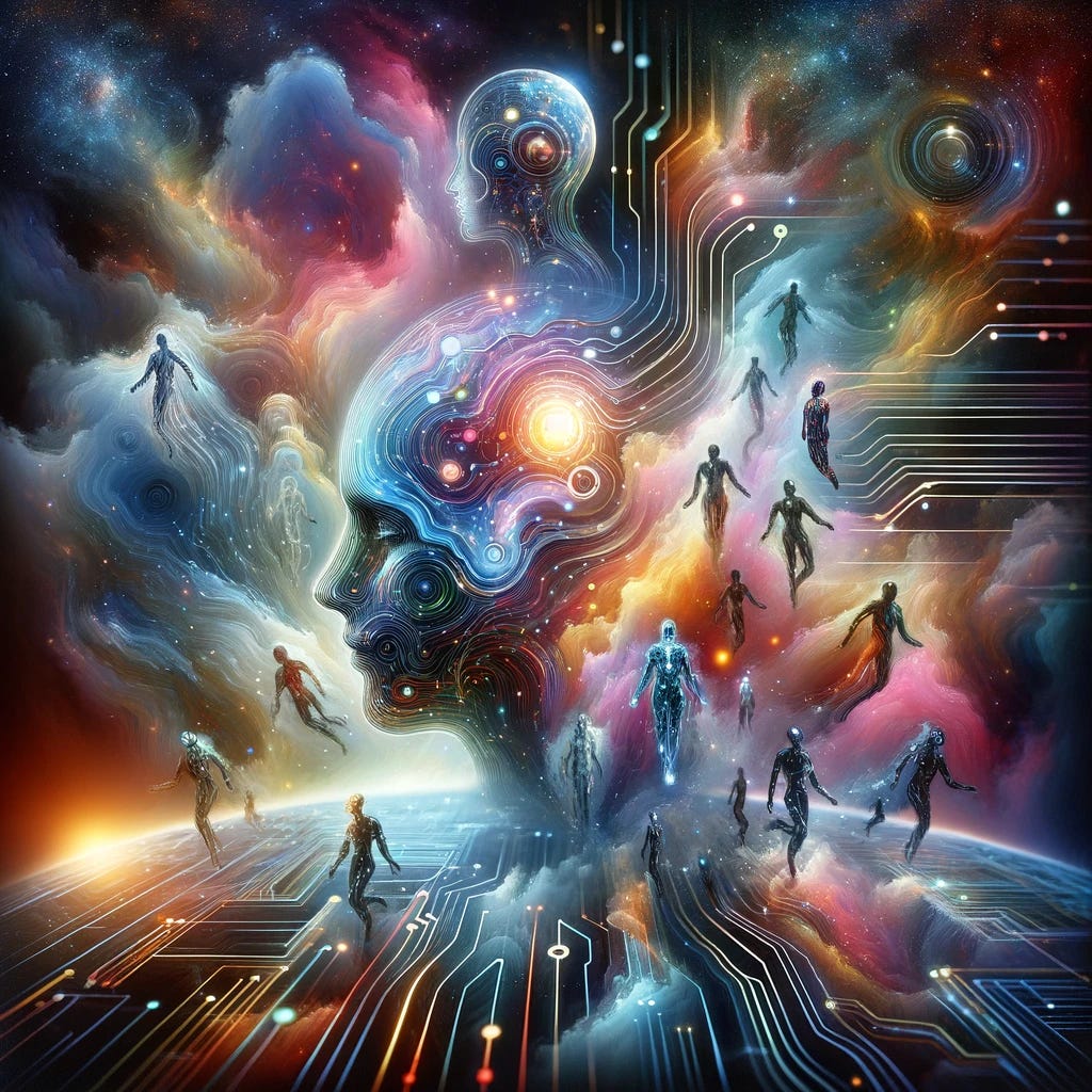 An abstract representation of the symbiotic relationship between humans and artificial intelligence, showcasing a harmonious blend of human figures and digital elements. The composition symbolizes the integration of human experiences and emotions with advanced AI technology. Human figures are depicted in a fluid, interconnected manner, merging seamlessly with digital, circuit-like patterns that represent AI. The background is a cosmic tableau, hinting at the vast potential of this partnership. The overall aesthetic conveys a sense of unity, innovation, and the future, capturing the essence of a world where human wisdom and artificial super intelligence collaborate to address global challenges.