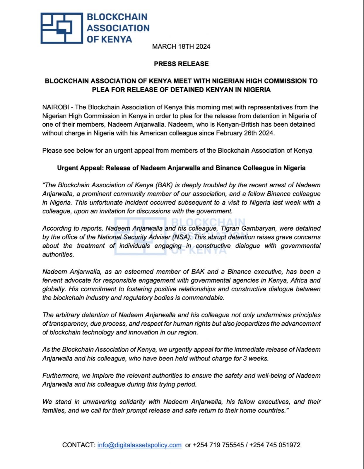 BAK Press Release on detained Kenyan in Nigeria.