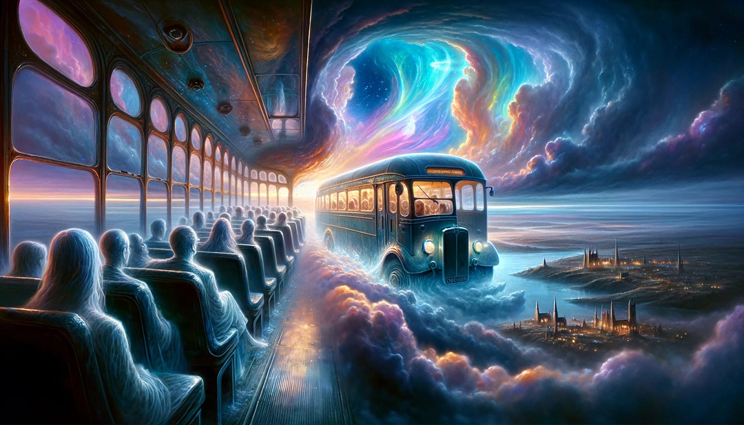 A fantastical and surreal scene of a bus ride from C.S. Lewis' 'The Great Divorce' Chapter 2. The bus is otherworldly, glowing with a mysterious light, and is in mid-flight, surrounded by ethereal clouds and vibrant colors. The interior of the bus is filled with ghostly passengers, their appearances slightly transparent and spectral. The bus driver is a solid, more substantial figure, exuding an air of authority. The landscape outside the bus windows is a mix of the mundane and the celestial, with glimpses of the Grey Town below and the distant, radiant peaks of the heavenly realm. The overall atmosphere is a blend of wonder, anticipation, and the surreal transition between the earthly and the divine.