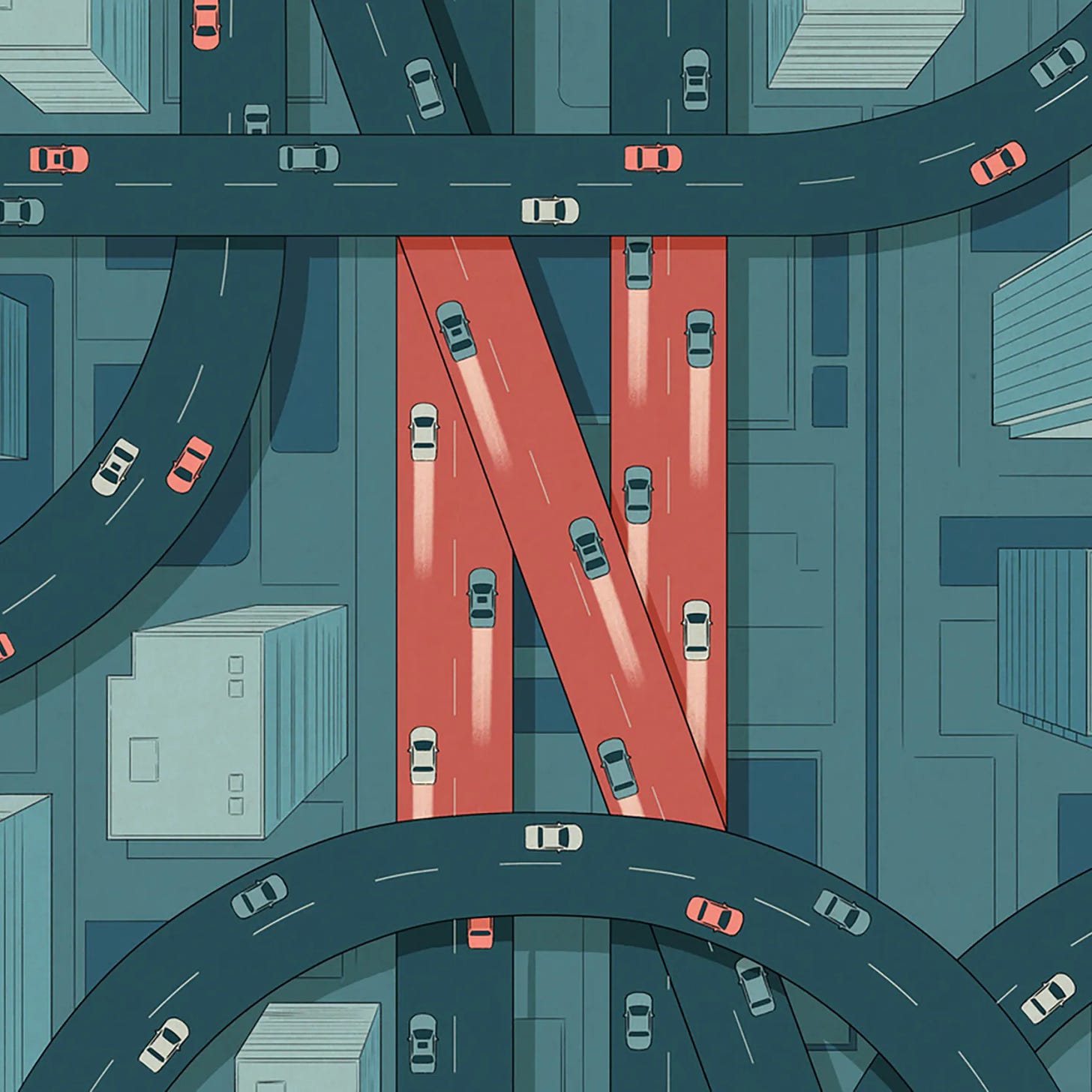 An illustrated network of motorway overpasses, which intersect in such a way that they create the shape of the letter N.